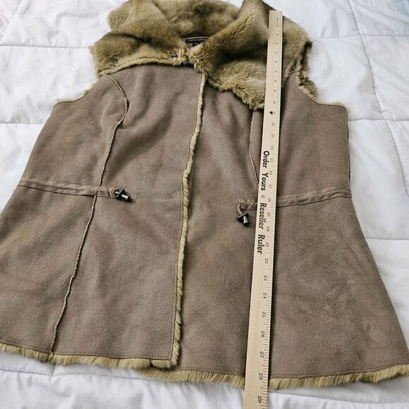 Alberto Makali Vest Jacket Womens XL Brown Faux Fur Suede Cinch Waist Snap Front - Picture 8 of 8